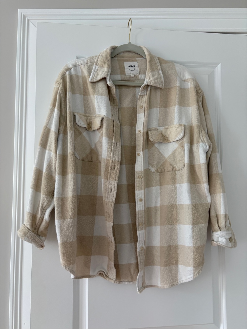 aerie Beige and White Plaid Button-Down Shirt Jacket
